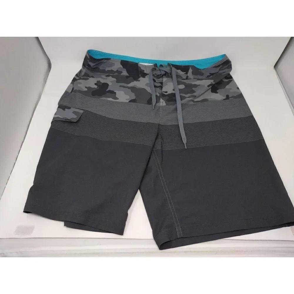 Sonoma Men's 36 Waist Swimming Trunks Board Shorts Gray Camo and Stripes Tie